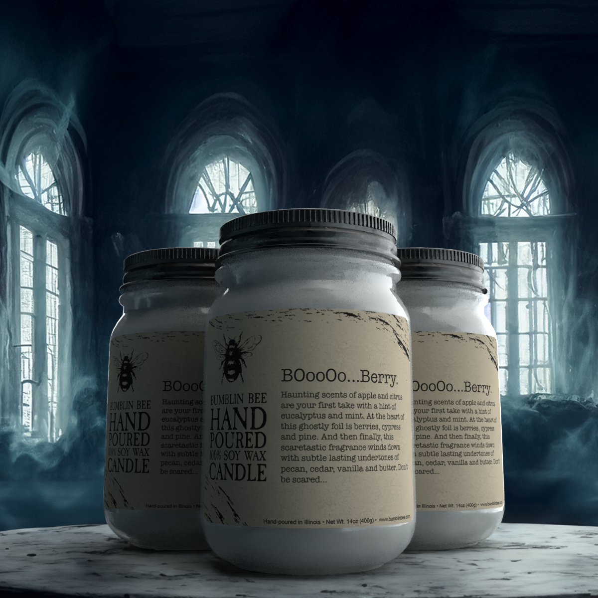 Three jars of 'BOooOo...Berry' candles on a table with a mystical background.