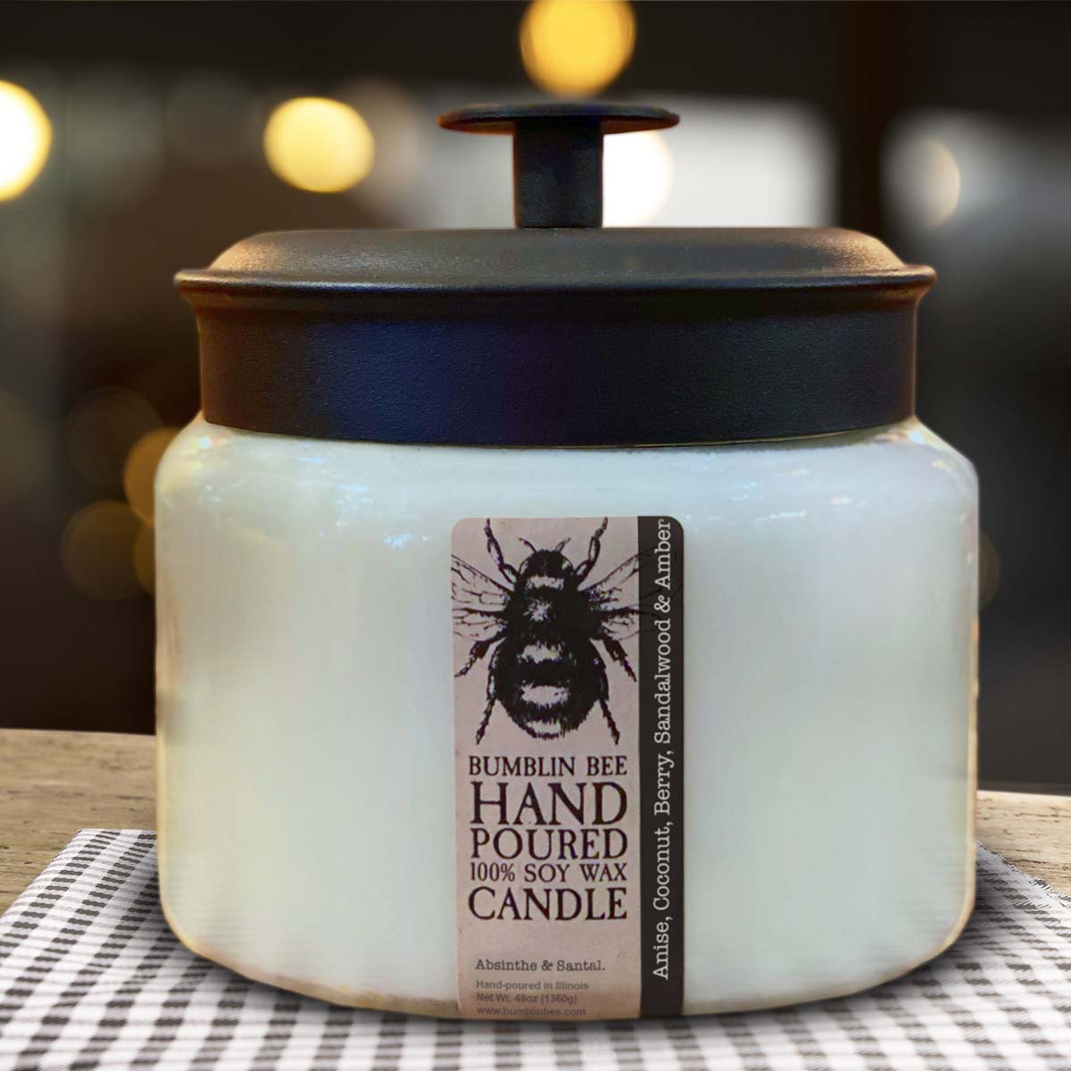48 ounce Soy Wax Triple Wick Apothecary Jar Candle with Decorative Black Metal Lid