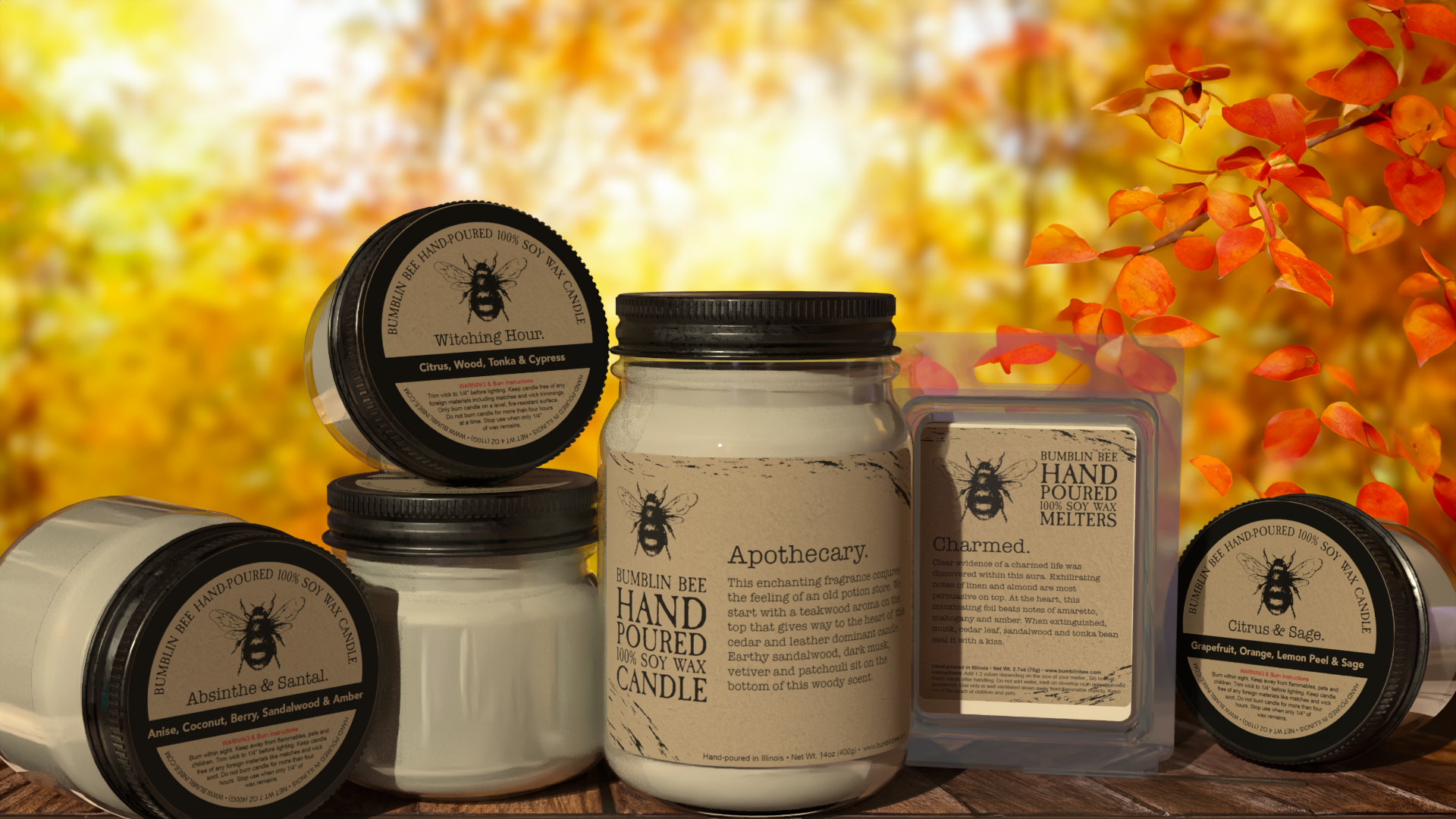 Hand-poured Bumblin Bee soy wax candles on a table with a blurred fall background
