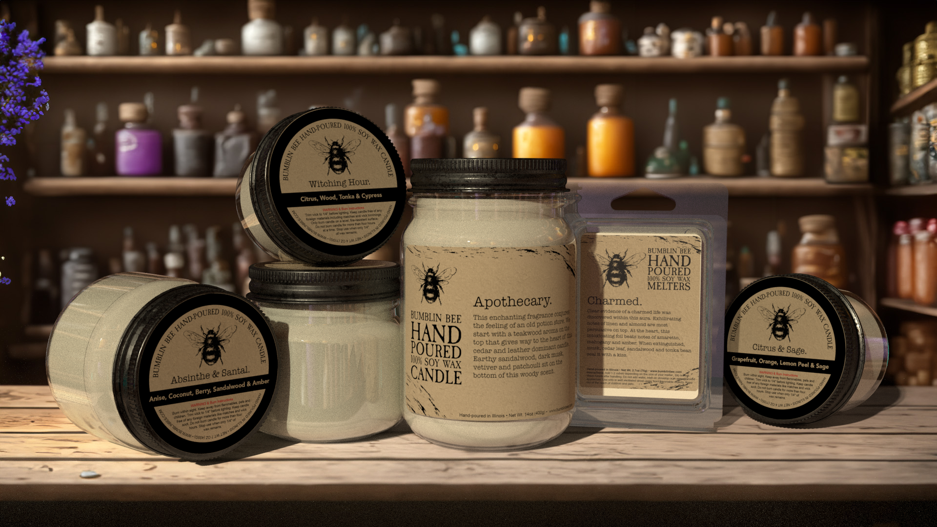 Hand-poured Bumblin Bee soy wax candles on a wooden shelf with shelves of jars in the background