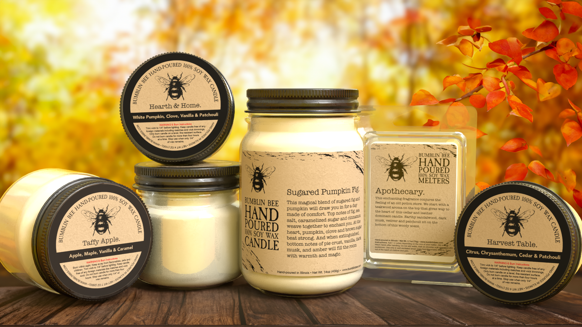 Hand-poured Bumblin Bee soy wax candles on a wooden surface with a blurred autumn background