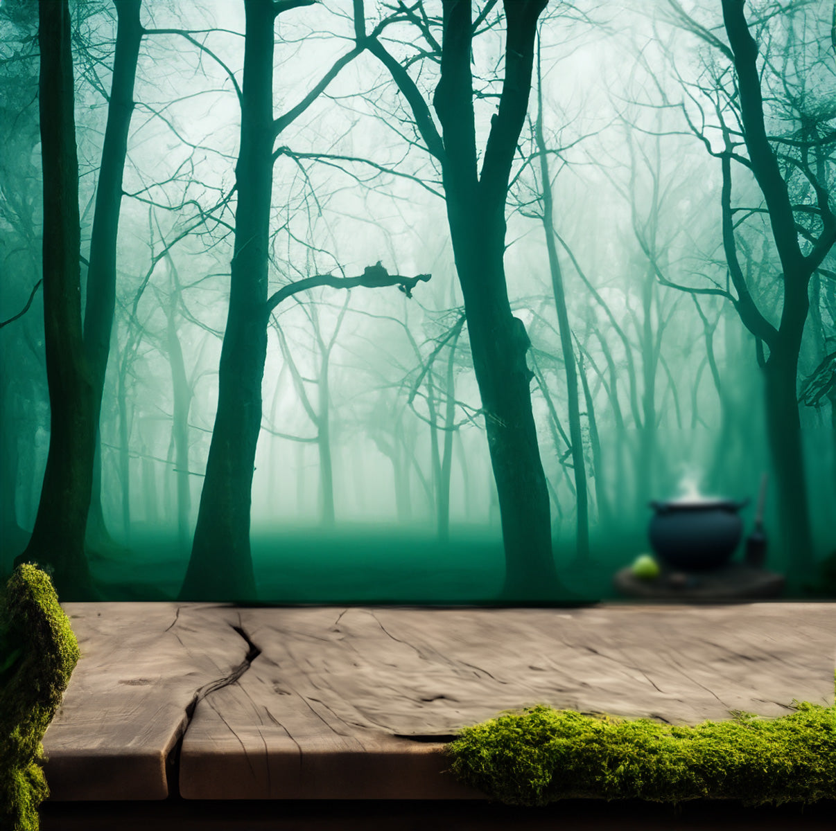 Mystical forest scene with a wooden platform and a cauldron emitting smoke.